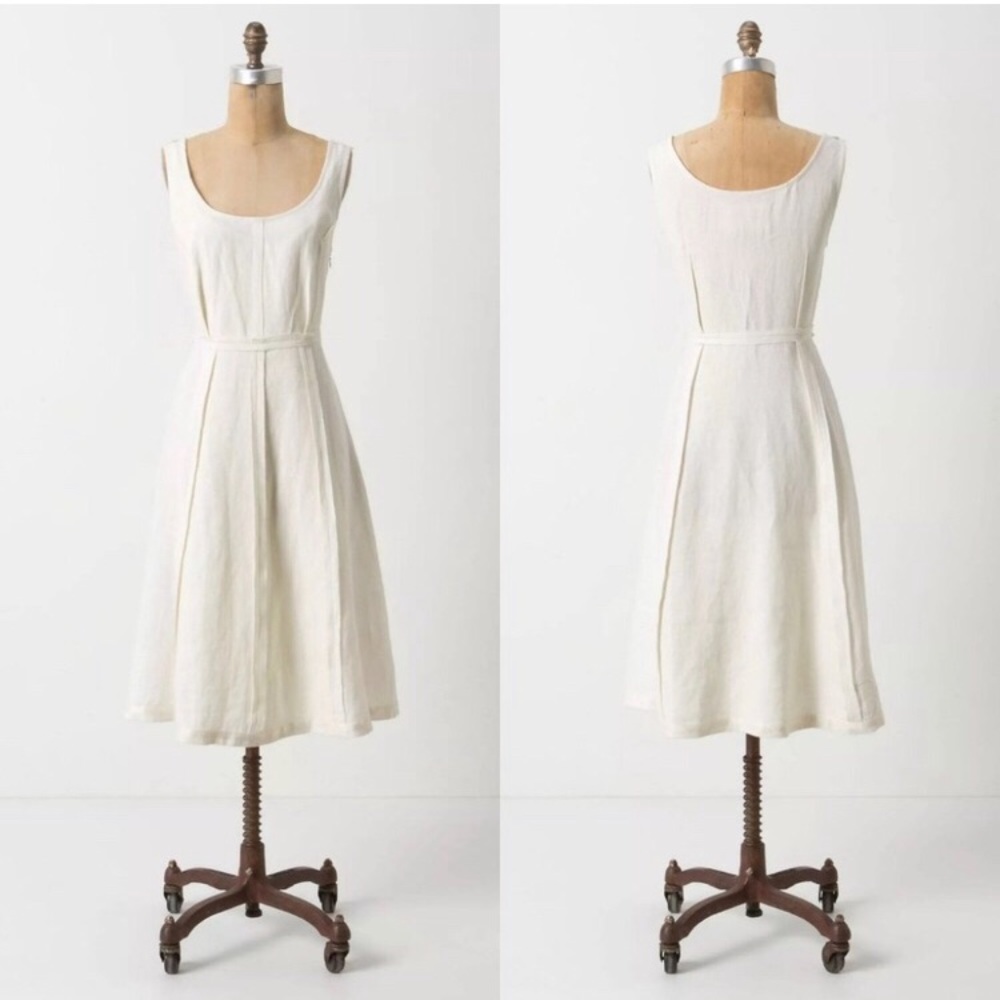 Anthropologie Koto Bolofo White Annike Linen Dress Size 6 Textured Midi Length - Picture 2 of 8